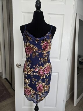 Princess Polly Navy Slip Dress with Pink & Gold Floral Print
